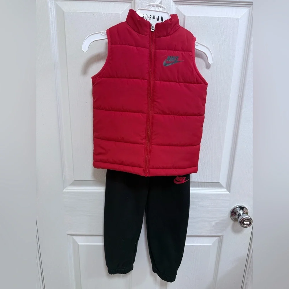 Nike Red Puffer Vest with Black Joggers, Size 4